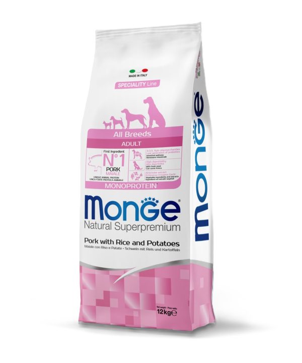 מונג’ | מזון לכלב בוגר – חזיר, אורז ותפו”א | 12 ק"ג