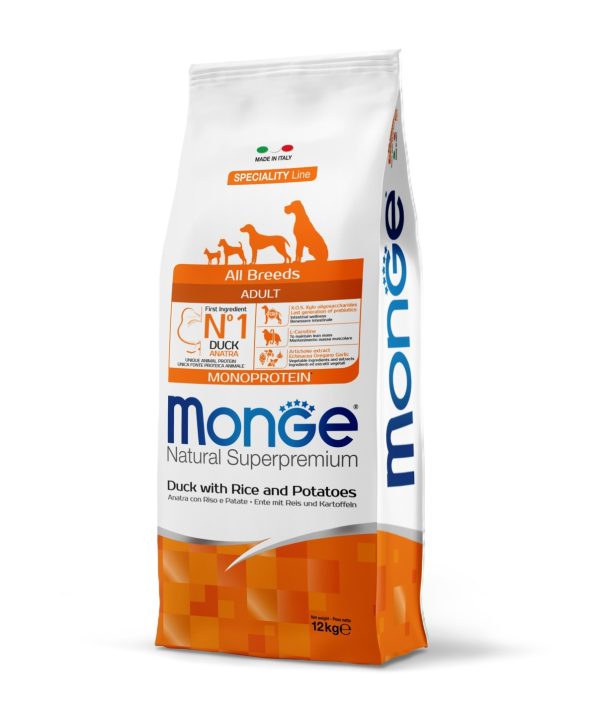 מונג’ | מזון לכלב בוגר – ברווז, אורז ותפו”א | 12 ק"ג