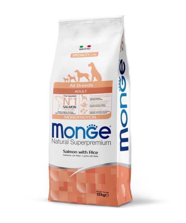 מונג’ | מזון לכלב בוגר – סלמון ואורז | 12 ק"ג